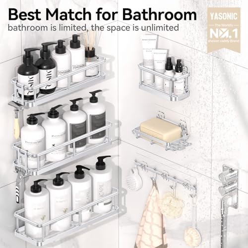YASONIC Shower Caddy, 6 Pack Large Capacity Bath Organizer with Soap Holder and 12 Hooks, Rustproof bathroom Shelves for Inside Shower, No Drilling&Sleek Bathroom Organizers and Storage Silver
