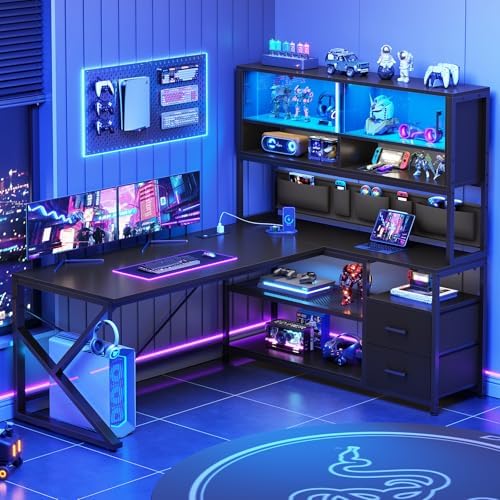 SEDETA L Shaped Gaming Desk, Home Office Computer Desk with 2 Drawer and Bookshelf, L Shaped Gaming Desk with LED Light, Glass Cabinet and Storage Bag, Corner Desk with Storage Shelves, Black
