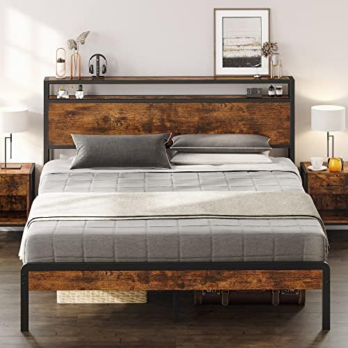 LIKIMIO Full Size Bed Frame, Platform Bed with 2-Tier Storage Headboard, Solid and Stable, Noise Free, No Box Spring Needed, Easy Assembly, Vintage Brown