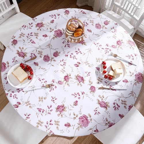 Round Vinyl Fitted Tablecloth with Flannel Backing Elastic Edge Design Table Cover Waterproof Oil-Proof PVC Table Cloth Stain-Resistant Best for 45"-56" Round