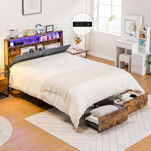 COMHOMA Platform Bed Frame with LED Lights and Charging Station, Storage Headboard and Footboard Drawers, No Box Spring Needed, Rustic Wood Look (Queen)