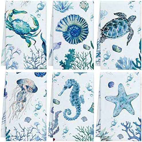 Patelai 6 Pcs Ocean Themed Kitchen Towels Cute Beach Bathroom Hand Towels Dish for Housewarming Gifts Decorations 18 x 28 Inches