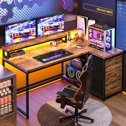 EnHomee L Shaped Gaming Desk with LED Lights & Power Outlet, 48Inch Corner Computer Desk with Drawers Reversible Office Desk with Monitor Stand for Gaming,Study Room,Home Office,Rustic Brown