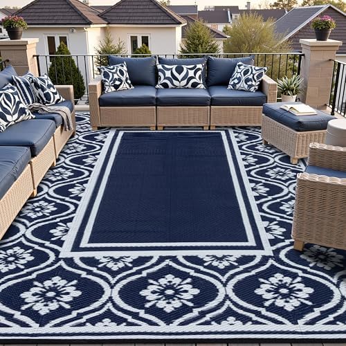 RV Outdoor Rug Waterproof Mat 9'x12' Camping Carpet Blue Outside Area Rugs Reversible Rugs for Deck Entryance Porch Picnic Balcony Beach
