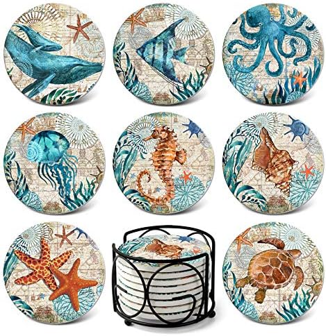 Teivio Absorbing Stone Sea Ocean Life Coasters for Drinks, Cork Base with Holder,Coastal Decor Beach Theme Tropical,for Housewarming Apartment Kitchen Bar Decor, For Wooden Table Coffee table,Set of 8