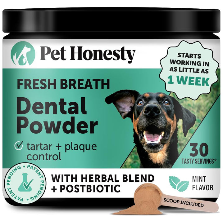 Dog Breath Freshener Dental Powder for Teeth Cleaning Plaque Off, Dental Care for Dogs, Tartar Remover for Teeth with Natural Herbal Blend + Postbiotics (Mint - 30 Servings)