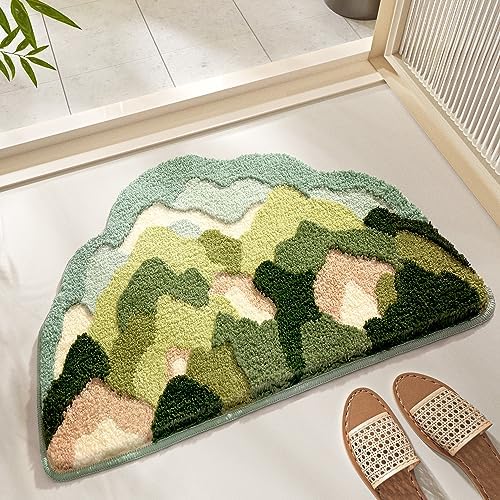 Ankah Shower Rug Bath Mat Forest Series Cartoon Design Bathroom Rug, Fluffy, Soft, Non-Slip, Durable, Absorbent Bath Rug, Irregular Plant Shaped Door Mat and Carpet, 19.68"x 31.49", Moss