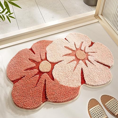 Ankah Shower Rug Bath Mat Forest Series Cartoon Design Bathroom Rug, Fluffy, Soft, Non-Slip, Durable, Absorbent Bath Rug, Irregular Plant Shaped Door Mat and Carpet, 19.68"x 31.49", Peach Blossom
