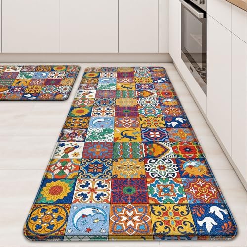 Tritard Boho Kitchen Mats for Floor 2 Pcs Colorful Ceramic Kitchen Rugs Non-Skid Waterproof Anti Fatigue Mats for Kitchen Floor PVC Kitchen Floor Mat for Sink,Laundry,Office,17.3x28+17.3x47 Inch