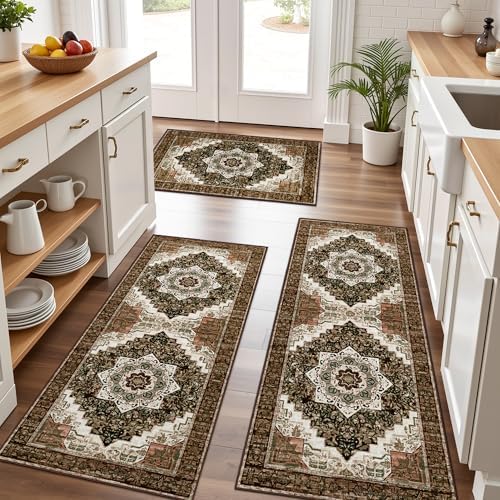 Tritard 100% Non Slip Kitchen Rugs Sets of 3 Washable Boho Kitchen Mats for Floor Vintage Farmhouse Kitchen Rug Soft Runner Rug for Hallway, Laundry Room, Indoor Entryway, Brown
