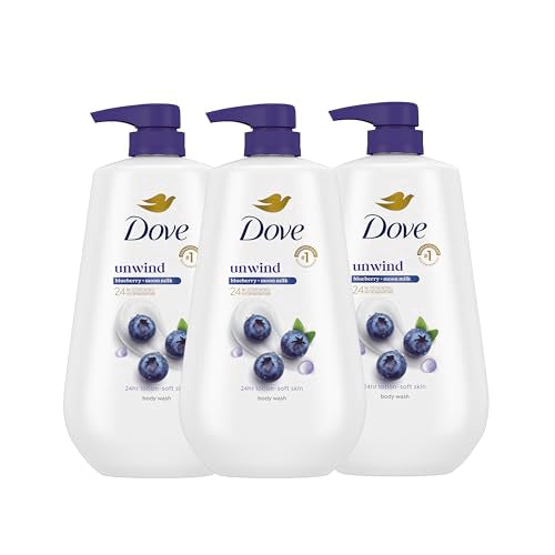 Dove Body Wash For 24hr Lotion-Soft Skin 4 Count For 24hr Lotion-Soft Skin Unwind Blueberry & Moon Milk Moisturizing Skin Cleanser with No Sulfates No Parabens