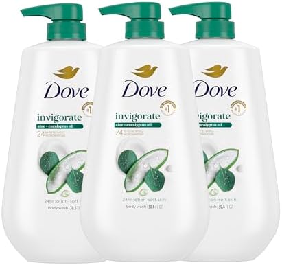Dove Body Wash with Pump 3 Count Invigorate Aloe & Eucalyptus For 24hr Lotion-Soft Skin Moisturizing Skin Cleanser with No Sulfates No Parabens
