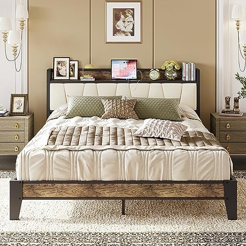 LIKIMIO Queen Bed Frame, Storage Headboard with Charging Station, Solid and Stable, Noise Free, No Box Spring Needed, Easy Assembly (Walnut and Beige)