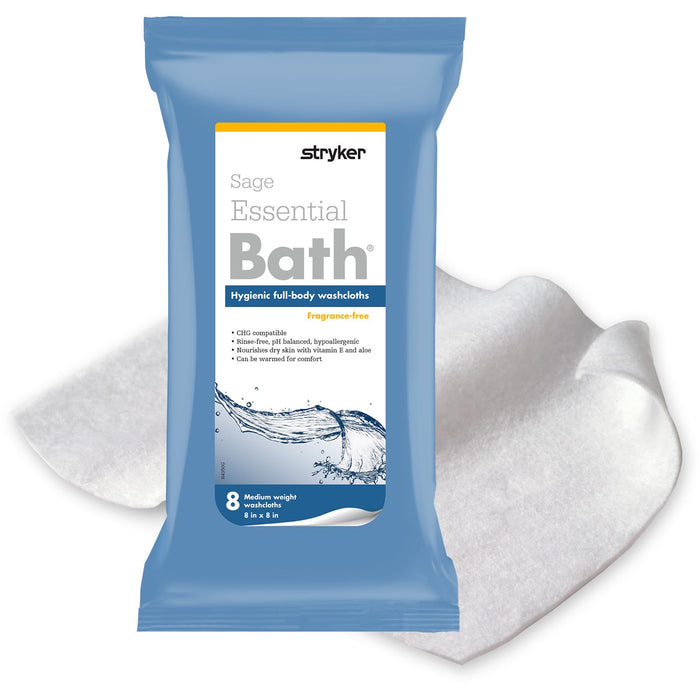 Stryker - Sage Essential Bath Cleansing Washcloths - 6 Packages, 48 Cloths - Fragrance Free, No-Rinse Bathing Wipes, Ultra-Soft and Medium Weight Cloth, Hypoallergenic