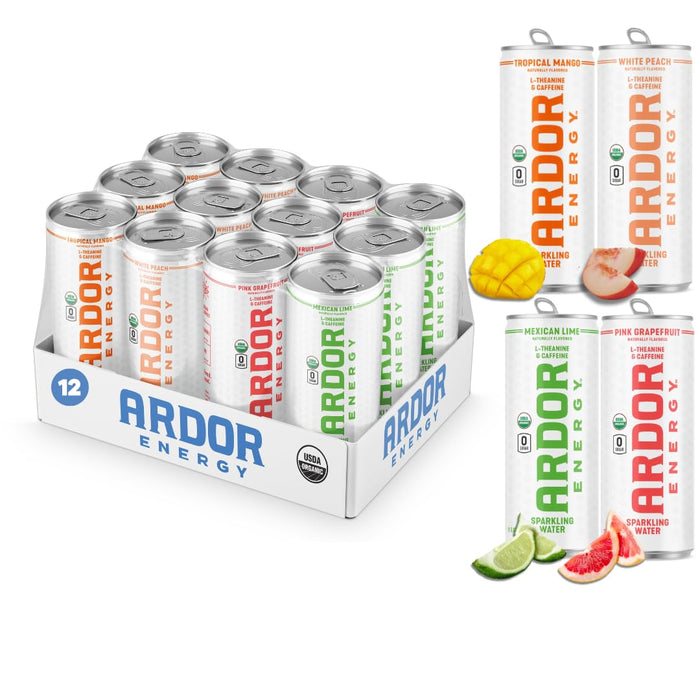 ARDOR ENERGY Sparkling Water TROPICAL variety 12 pack with 100mg Organic Caffeine from Green Tea & 200mg Organic L-Theanine (Focus & Calm). No Sugar. No Calories. Vegan. Gluten Free.