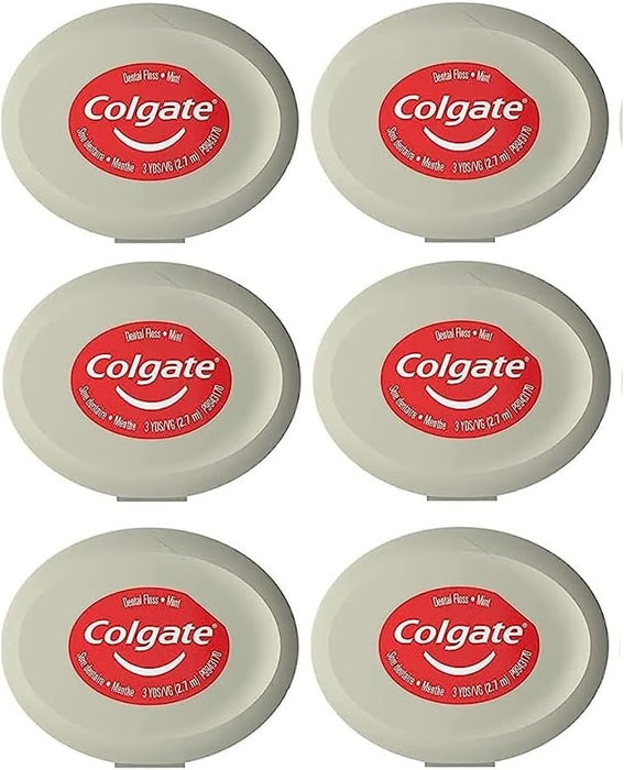 Colgate Waxed Dental Floss for Improved Mouth Health Small Travel Size 3 Yards (2.7 Meters) - Pack of 6