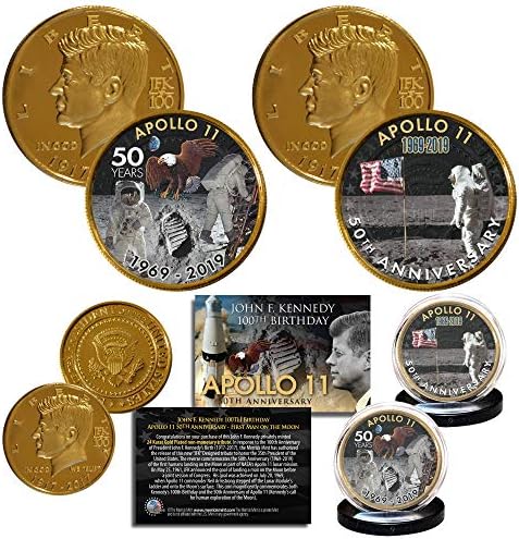 Apollo 11 50th Anniversary 1st Man on Moon JFK 100 Bday 24K Gold Clad 2-Coin Set
