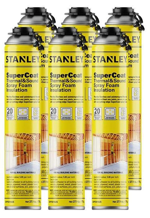 STANLEY Supercoat Spray Foam Insulation - Closed Cell Spray Foam Covers Up to 120 Sq.Ft. Gun Use, Gun Not Included, 27.1 oz, 6 Pack