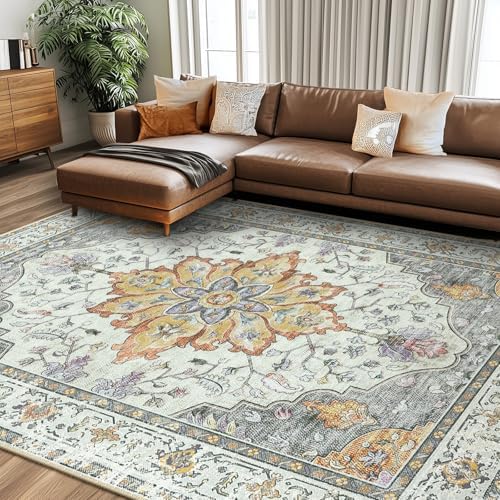 Area Rugs 8'x10' Washable Non-Slip, Floral Vintage Distress Print Pattern Medallion Carpet for Living Room Bedroom Dining Room, Light Yellow Carbon Grey Orange