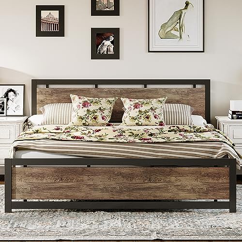 LIKIMIO King Bed Frame with Headboard and Footboard, Metal Strong Supports, Easy Assembly, Noise-Free, No Box Spring Needed, Walnut