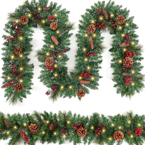 9FT Christmas Garland with Lights,Battery Operated Lighted Garland with Pine Cones Red Berries Lush Branches,50 LED Lights 8 Modes,Christmas Decorations