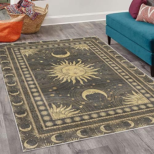 Ambesonne Sun and Moon Decorative Rug, Bohemian Art Design of Crescent Solar Ornament Esoteric Stars, Quality Carpet for Bedroom Dorm and Living Room, 4' X 5' 5", Charcoal Grey Sand Brown