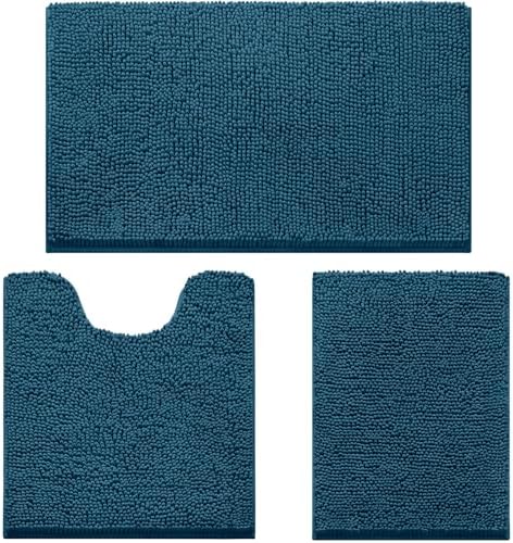 HOMEIDEAS 3 Pieces Bathroom Rugs, Extra Large Ultra Soft Non Slip Absorbent Chenille Toilet Bath Mat Set (Atlantic Blue)