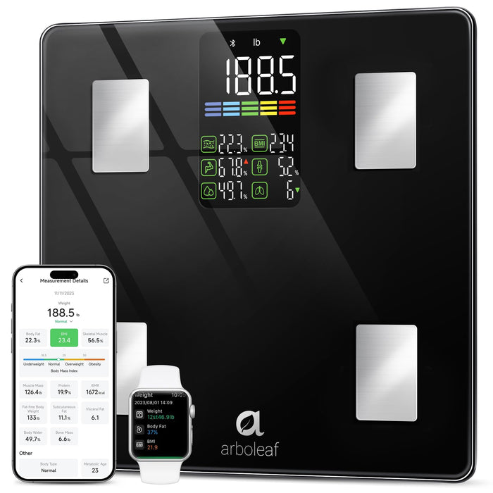 Arboleaf Smart Scale With BMI, Body Fat, Muscle Mass, 14 Composition Metrics, Large LED Display, Digital Bathroom Scale for Weight, Accurate Weighing Machine, App Sync, 500lbs, 11.8"