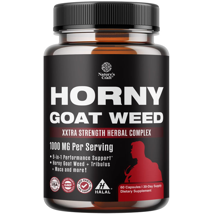 Horny Goat Weed for Men - Extra Strength Male Supplement with Black Maca Root, Tongkat Ali, Saw Palmetto & Panax Ginseng Extract for Stamina & Energy - 60 Capsules