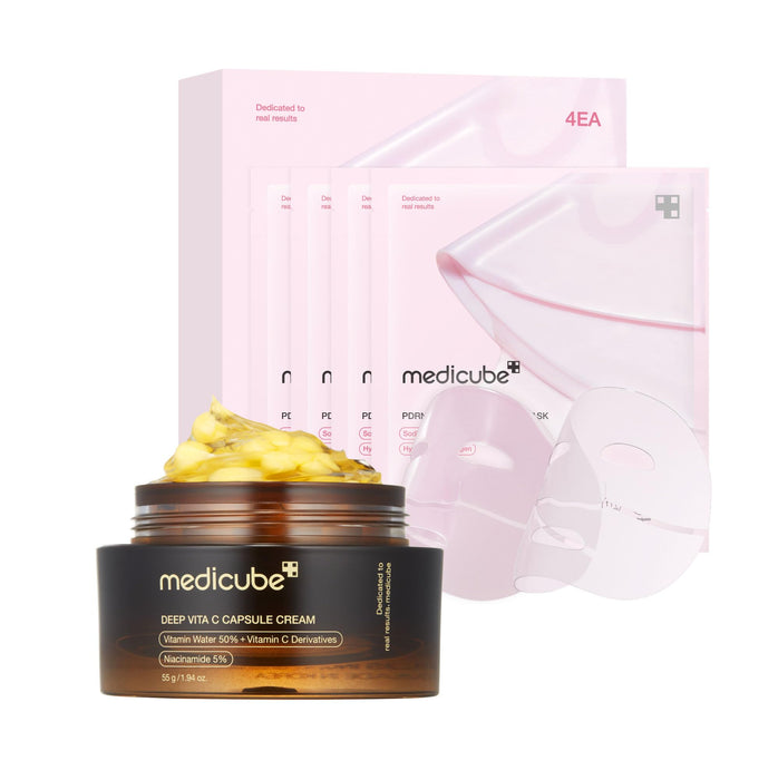 medicube Daily Skincare Duo for Uneven Skin - Deep Vitamin C Golden Capsule Face Moisturizer + Salmon DNA PDRN pink collagen jelly gel mask
