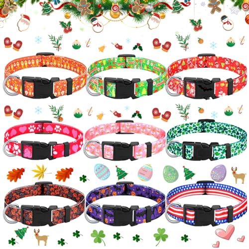 Buryeah 9 Pcs Holiday Dog Collars Halloween Fall Thanksgiving Christmas Dog Collars Adjustable Plastic Buckle for Puppy(Large)