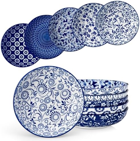 vancasso Selene 8.5" Pasta Bowls Set of 6, 40 oz Porcelain Shallow Salad Bowls, Serving Bowls Large Kitchen Bowl Plates Pasta Plates, Blue & White Floral Design, Microwave Safe