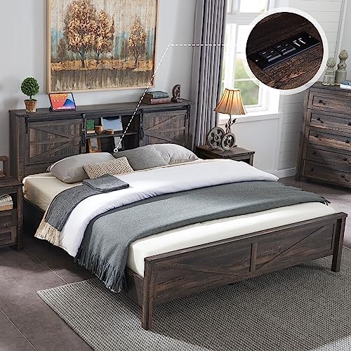 T4TREAM Farmhouse Queen Size Bed Frame w/Storage Bookcase Headboard, Sliding Barn Door, Charging Station, Rustic Wood Platform Bed w/Wood Slats Support, No Box Spring Needed, Dark Rustic Oak