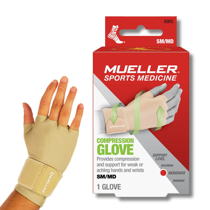 MUELLER Sports Medicine Compression Glove, Hand & Wrist Pain Relief Support for Men and Women, Ideal for Carpal Tunnel, Arthritis, Fits Right or Left, Beige, Small/Medium