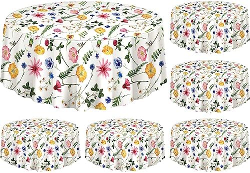 Kinlop 6 Pcs Round Plastic Tablecloth 70" Watercolor Flower Table Cloth Decorative Disposable Outdoor Floral Table Cover Disposable Summer Tabletop for Party Picnic (Flower,Colorful)