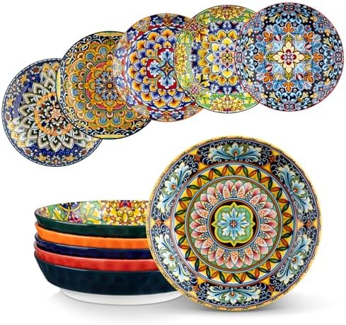 vancasso Pasta Bowls, Ceramic Salad Bowls Set of 6, 32 oz Large Corlorful Serving Bowls for Kitchen, Dishwasher & Microwave Safe Soup Bowls Set, Pasta Plates