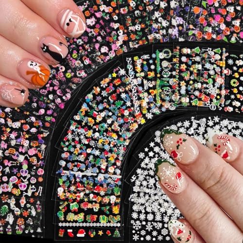 90 Sheets Nail Stickers for Nail Art, Halloween Nail Art Stickers 3D Self-Adhesive Christmas Nail Decals for Nails Design, Snowflake Nail Decoration Holiday Nail Accessories for Women Girls