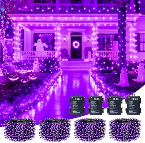 Brightown Battery Operated Christmas Lights Outdoor, 4 Pack Total 66 FT 200 LED Battery Powered Fairy Lights with Timer,8 Modes, Waterproof Christmas String Lights for Indoor Bedroom Decoration,Purple