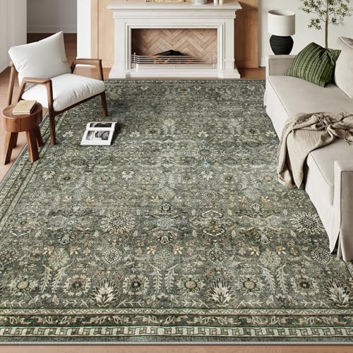 Lahome Large Dark Olive Green Area Rugs, Washable Area Rugs 9x12 Living Room, Boho Bedroom Mats Under Bed, Soft Stain Resistant Non-Shedding Thin Carpet for Dining Room Apartment