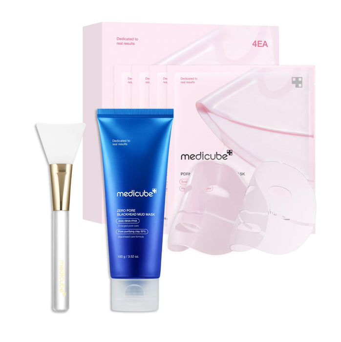 medicube Pore Care to Glass Glow Skin Set: Salmon DNA PDRN pink collagen jelly gel mask(4ea) & Zero Pore Blackhead Mud Facial Mask & Jelly Brush