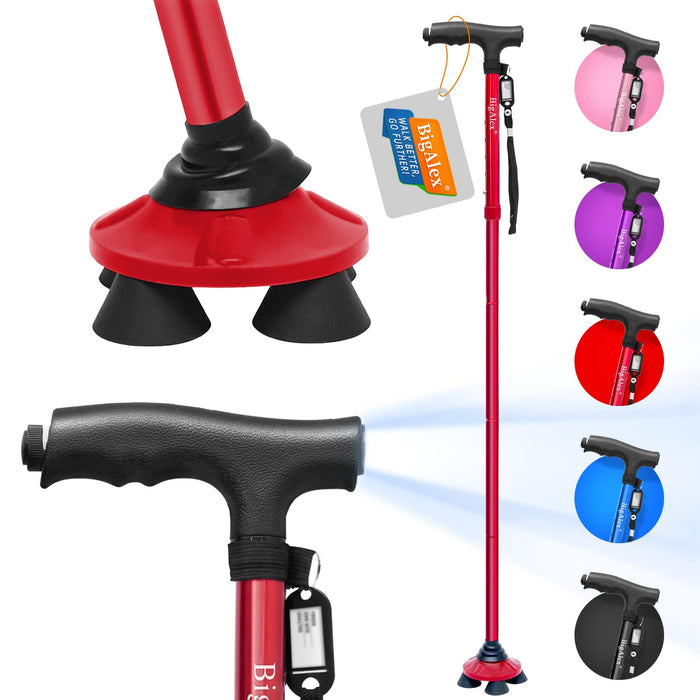 BigAlex Folding Walking Cane with LED Light,Pivoting Quad Base,Adjustable Walking Stick with Carrying Bag for Man/Woman (Alloy Base)