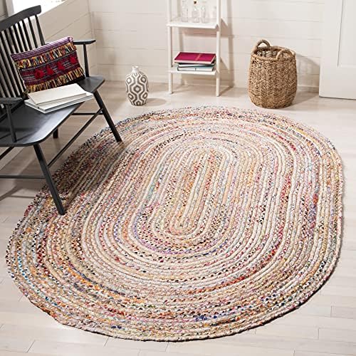 SAFAVIEH Area Rug 5x8 Oval - Cape Cod Collection - Beige & Multi, Handmade Jute & Cotton, Woven Braided Design (CAP202B)