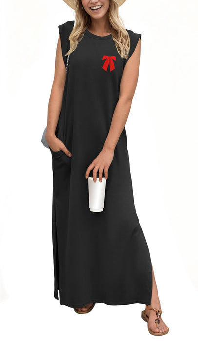 GRECERELLE Valentines Bow Dress for Women Petite Loose Split Casual Maxi Dress with Pockets (Black Red Bow, X-Small)
