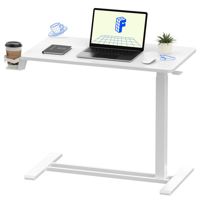 FLEXISPOT H7 Adjustable Overbed Bedside Table with Wheels Pneumatic Mobile Standing Laptop Desk Rolling Computer Cart Movable Overbed Table Hospital Home Use (31.5" W x 17.7" D, White Large)