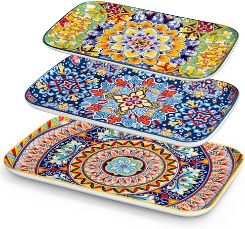 vancasso Serving Platters Set of 3, 16"/14"/12" Inch Rectangular Trays - Serving Platter Extra Large, Bohemian Ceramic Serving Dish for Entertaining Food, Microwave & Dishwasher Safe, Vintage