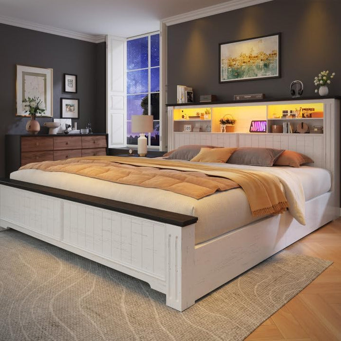 EnHomee King Bed Frame and Headboard, King Size Bed Frame with 4 Storage Drawers, King Bed King with LED Lights & Charging Ports,No Box Spring Needed,NO Noise,Wooden, White