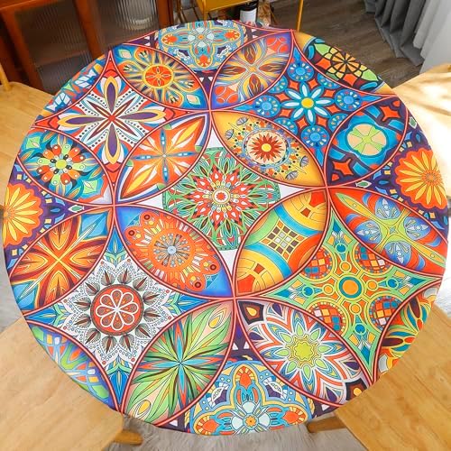Round Fitted Tablecloth Elastic Edge Design Table Cover Waterproof Table Cloth Wipeable Washable for Round Table