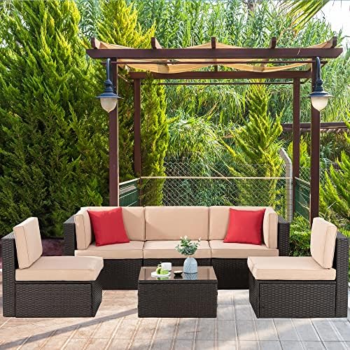 Shintenchi 6 Pieces Patio Furniture Sets Outdoor All-Weather Sectional Patio Sofa Set PE Rattan Manual Weaving Wicker Patio Conversation Set with Glass Table&Ottoman Cushion and Red Pillows, Beige