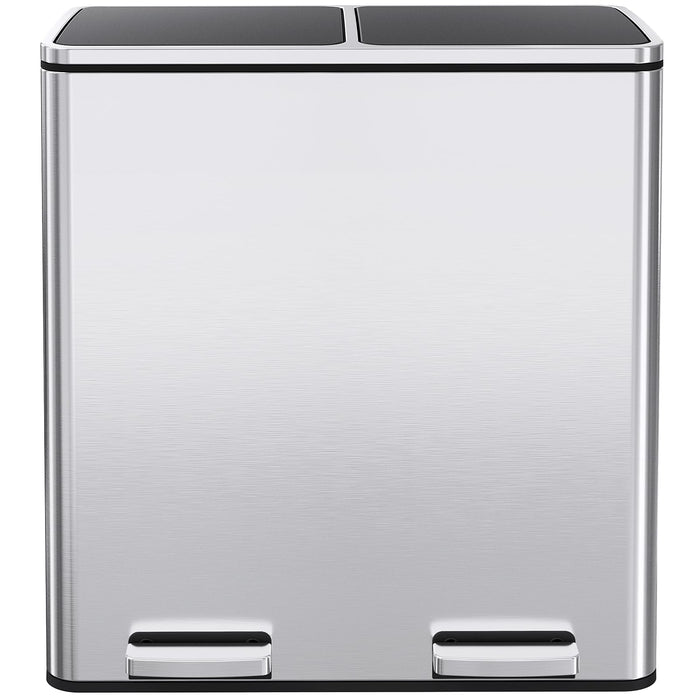 AthLike 60L(16 Gal) Dual Trash Can, Stainless Steel Kitchen Garbage Can, Double Compartment Classified Rubbish Bin, Recycle Dustbin w/Plastic Inner Buckets, Soft-Close Lid, Airtight, Silver