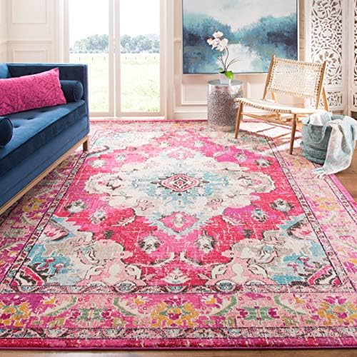 SAFAVIEH Monaco Collection Area Rug - 8' x 10', Pink & Multi, Boho Chic Medallion Distressed Design, Non-Shedding & Easy Care, Ideal for High Traffic Areas in Living Room, Bedroom (MNC243D)